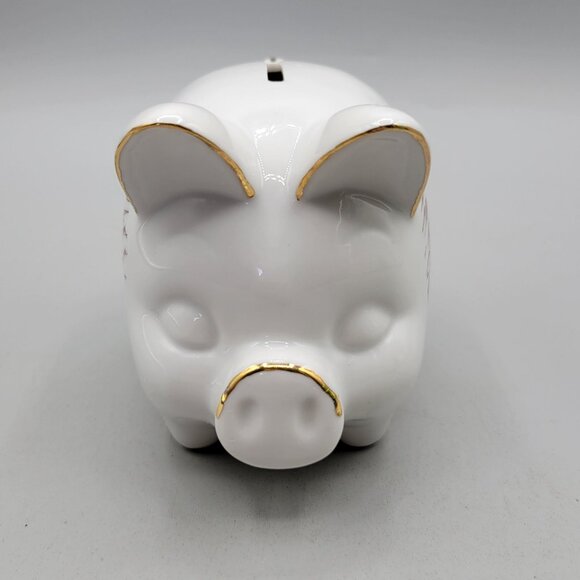 Vintage JC Penney Golden Rule Store Piggy Bank Ceramic White Gold Accents - Picture 2 of 8